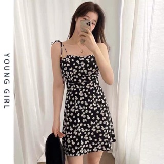 Đầm hoa cúc đen 2 dây thắt nơ (ảnh thật)