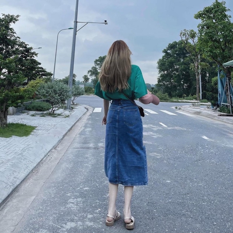 Chân váy bò jean dài 2 khuy cạp cao xẻ sau siêu xinh L1 mh
