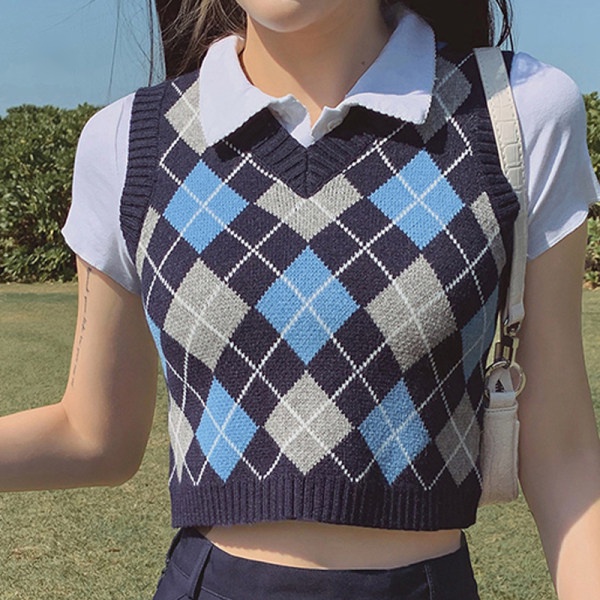 Áo Sweater Dệt Kim Không Tay Cổ Chữ V Họa Tiết Sọc Caro Phong Cách Retro Anh Quốc