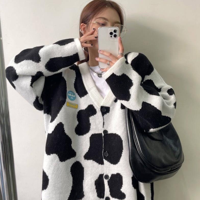 SALE SOCK Freeship Áo Cadigan Len Hoạ Tiết Bò Sữa Kèm Ảnh Thật