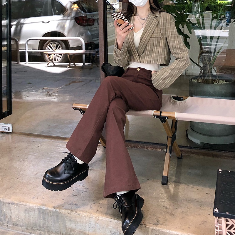 SUXI Quần jean nâu ống loe ôm dáng dễ phối đồ