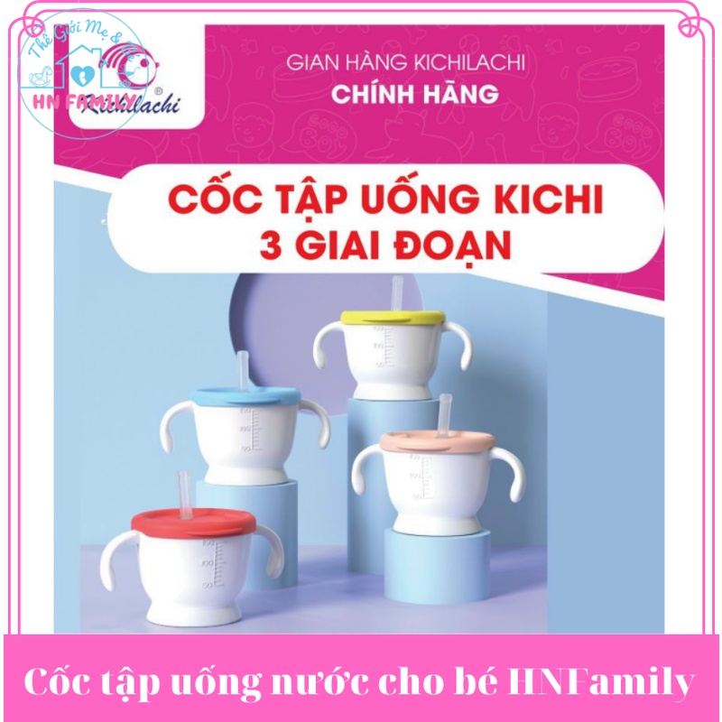 Cốc tập uống nước cho bé HNFamily - Ly tập uống nước 3 giai đoạn Kichilachi 150ml cute có ống hút, nắp nhựa an toàn