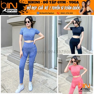 Bộ đồ tập gym yoga aerobic thể thao nữ áo croptop kèm mút và quần dài chun mông chất liệu thun dệt kim BINSPORTS BD162