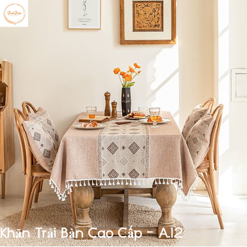 K19_Khăn trải bàn Cao Cấp có tua hình vuông/chữ nhật chất liệu cotton 100% Phong cách Bắc Âu