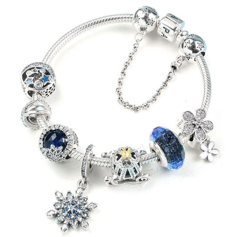 PANDORA Vòng tay trang trí mặt hình bông tuyết / trái tim / xương rắn / xương màu xanh lá / bạc s925 thời trang hàng mới bán chạy cho nữ