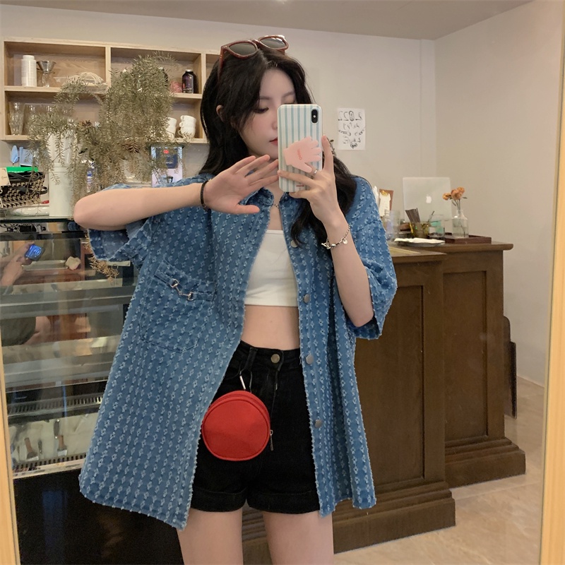 Áo Sơ Mi denim Tay Ngắn Cổ Gập Phong Cách Hàn Quốc Thời Trang Cho Nữ
