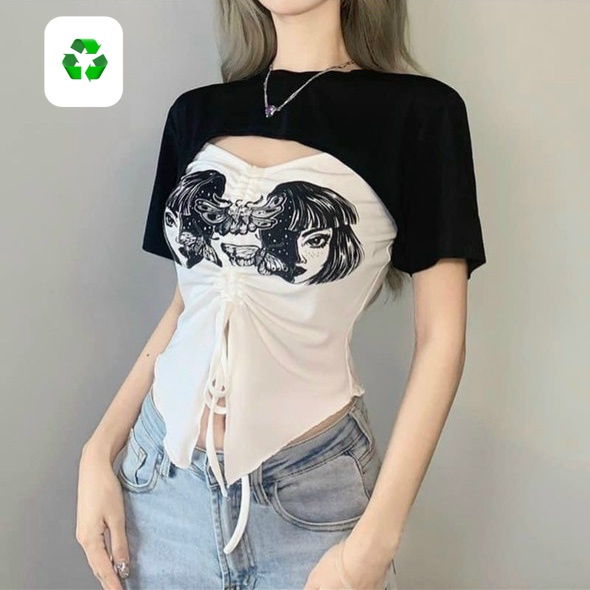 Áo kiểu tay ngắn khoét ngực rút dây giữa in hình cô gái 2 bên ngực cực xinh , chất thun gân mềm mịn
