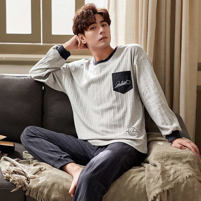 Bộ Đồ Ngủ Vải Cotton Tay Dài Cổ Tròn Dáng Rộng Thoải Mái Thời Trang Cho Nam