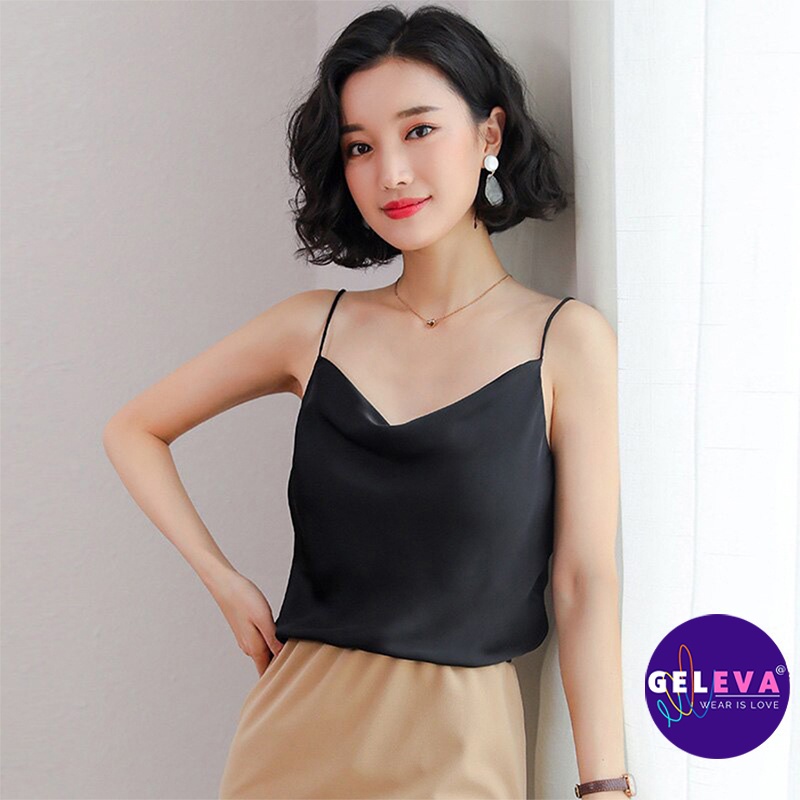 Áo 2 dây nữ lụa kiểu sợi bún Geleva, Áo hai dây nữ cổ đổ sexy cao cấp dây áo điều chỉnh tiện lợi theo dáng người