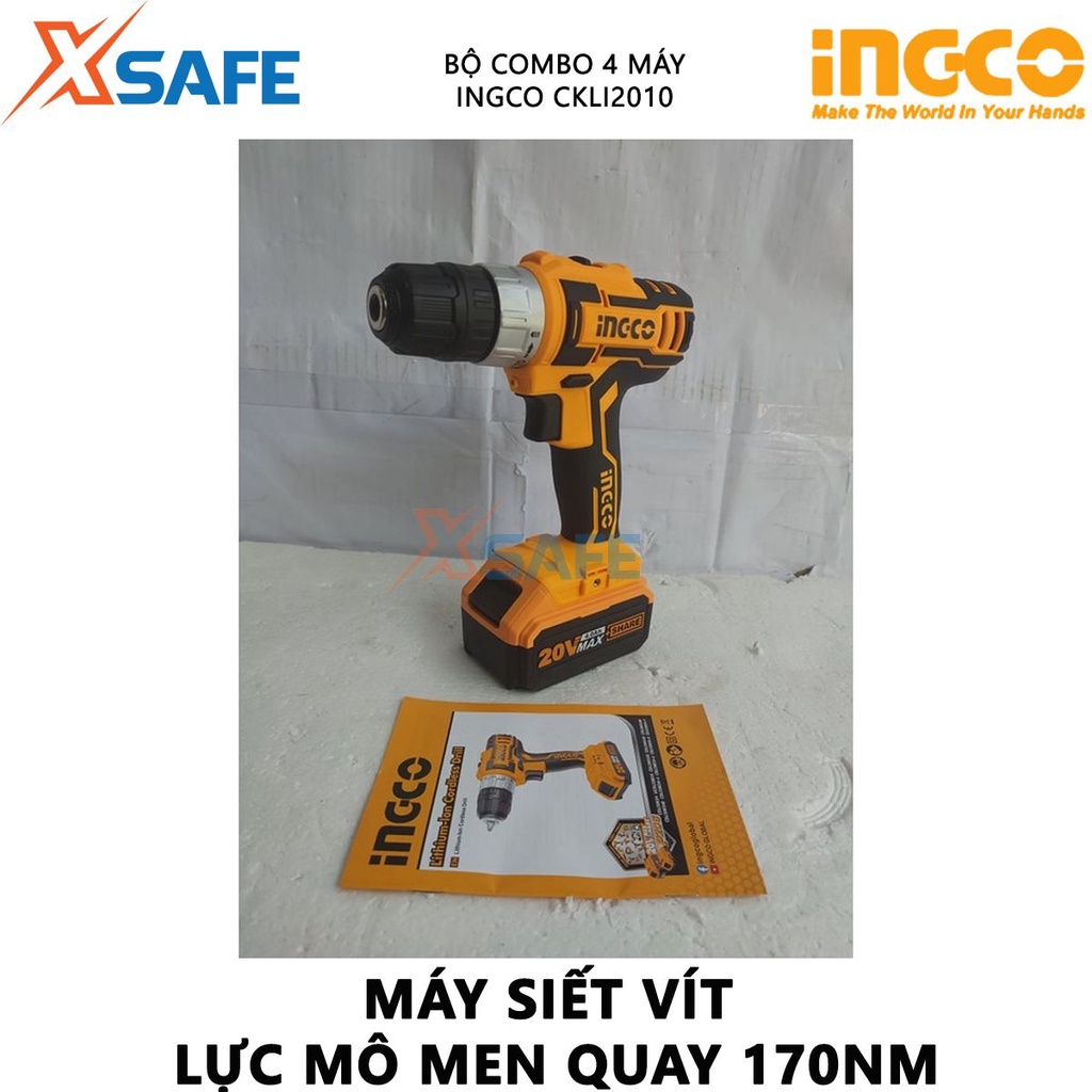 Bộ máy khoan cầm tay, máy bắn vít, máy cưa lọng, máy cưa đĩa tròn dùng pin 20V INGCO CKLI2010 gồm 4 máy, kèm 2 pin 4ah