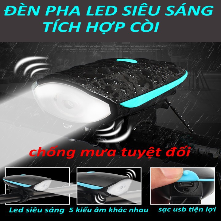 Đèn xe đạp thể thao siêu sáng có còi pin sạc usb led chống nước loại cao cấp nhất