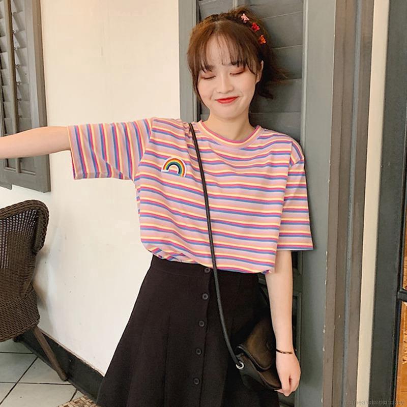 Áo thun tay ngắn cổ tròn họa tiết kẻ sọc ngang màu cầu vồng kiểu dáng thời trang cho nữ vào mùa hè