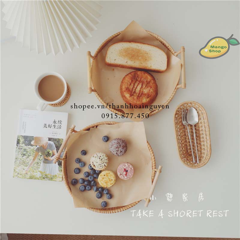 Khay mây tròn có tay cầm đựng bánh snack trái cây ( Giỏ mây decor bánh trái cây chụp ảnh )