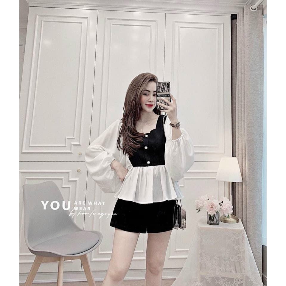 ÁO CỔ VUÔNG ĐEN TRẮNG PHỐI CÚC NGỌC | BigBuy360 - bigbuy360.vn