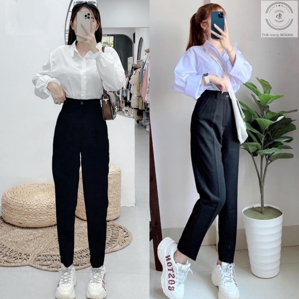 Quần tây baggy đi học nữ có đai lưng cao màu xanh đen dáng dài vải mềm trơn - Quần vải nữ công sở cạp ống đứng mặc sinh