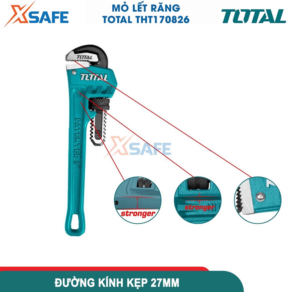 Mỏ lết răng TOTAL THT170826 kích thước 8inch, hàm răng rèn thép carbon chất lượng cao, chất liệu gang dẻo bền bỉ