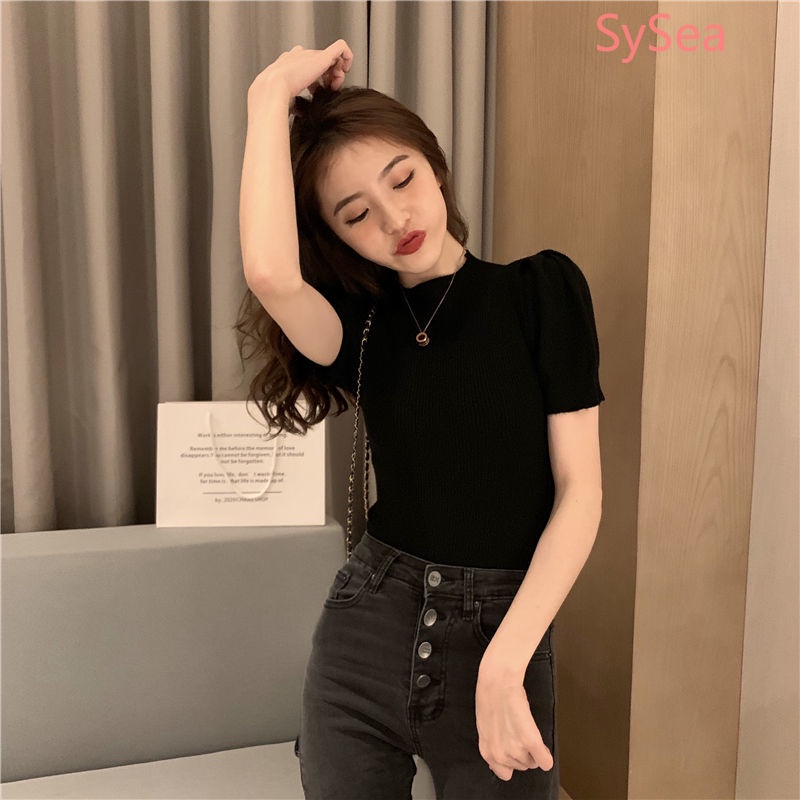 Áo kiểu dệt kim tay ngắn ôm dáng vừa vặn thời trang mùa thu dành cho nữ