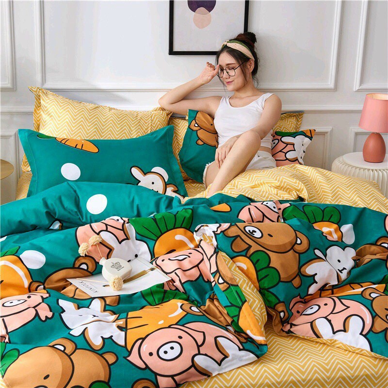 Bộ chăn ga gối drap giường chất cotton poly họa tiết lợn gấu thỏ carot