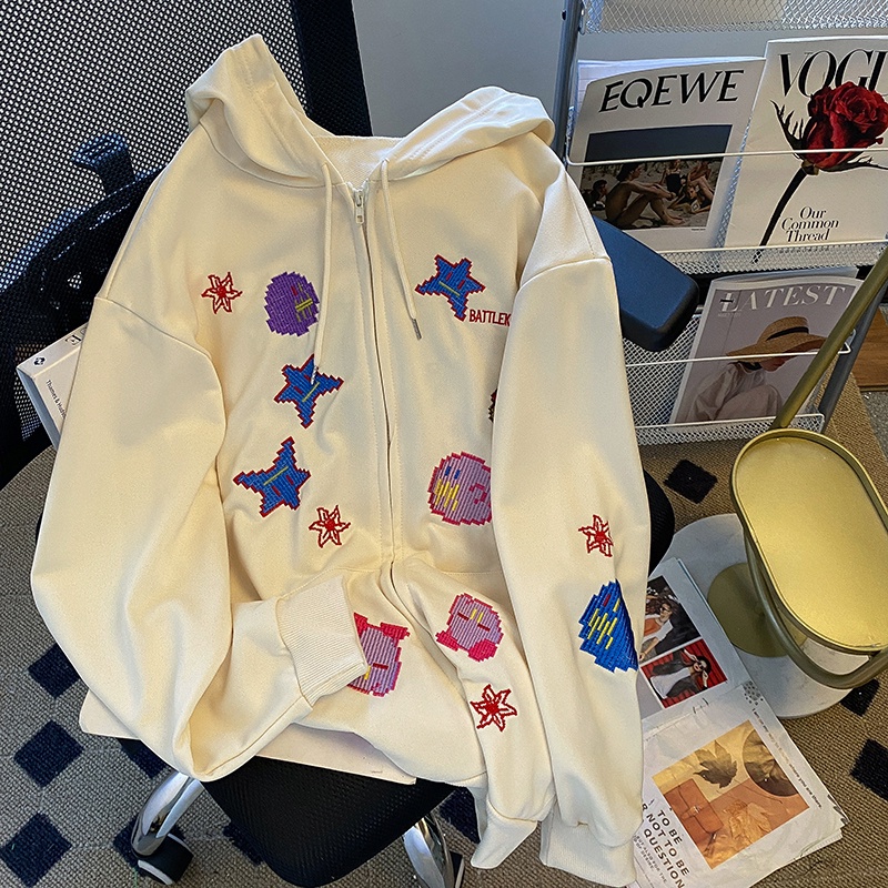 Áo khoác ZHELIHANGFEI có mũ trùm đầu tay dài dáng rộng thêu họa tiết ngọt ngào