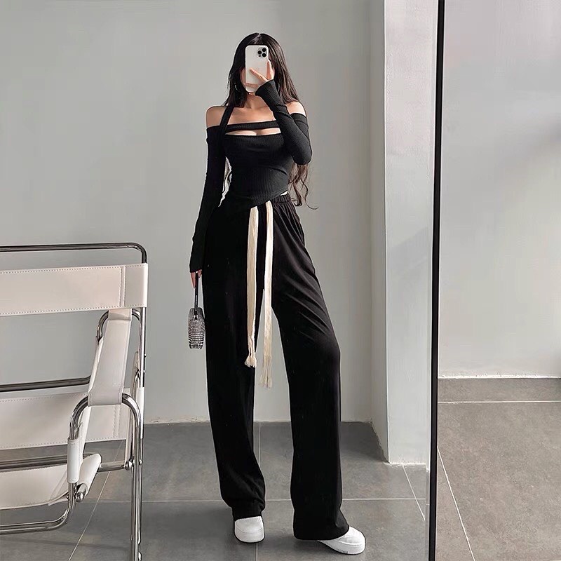 Quần culottes nhung tăm dây rút bản to hàng hot dáng dài form rộng vanmiushop