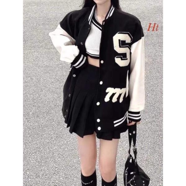 Áo khoác bomber phối tay trắng S M Ht