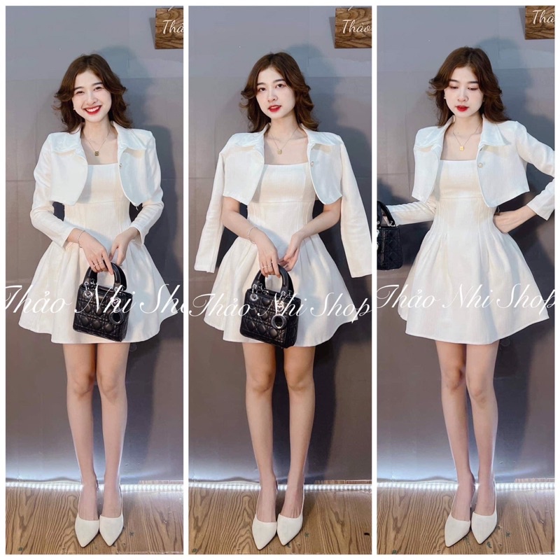 [ 𝐅𝐑𝐄𝐄 𝐒𝐇𝐈𝐏 ] SET ĐẦM CHIẾT EO TRẮNG MIX KHOÁC CROPTOP CÀI NÚT