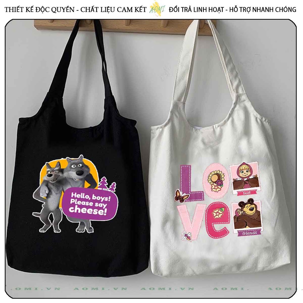 TOTE CANVAS masha and bear FORM TRÒN TÚI VẢI ĐEO VAI BAG NÚT BẤM SIZE LỚN AOMIVN DU LỊCH DẠO PHỐ CÁ TÍNH