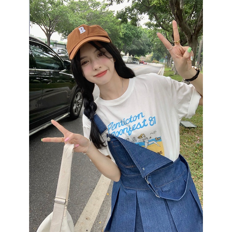 Set Áo Thun Dáng Rộng In Họa Tiết + Đầm Yếm Denim Eo Cao Phong Cách Hàn Quốc Trẻ Trung Cho Nữ