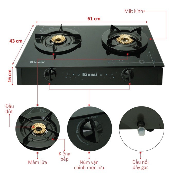 Bếp gas dương Rinnai RV-6Double Glass SP - Mặt kính, dài 6 tấc - có đầu hâm - Alo Bếp Xinh