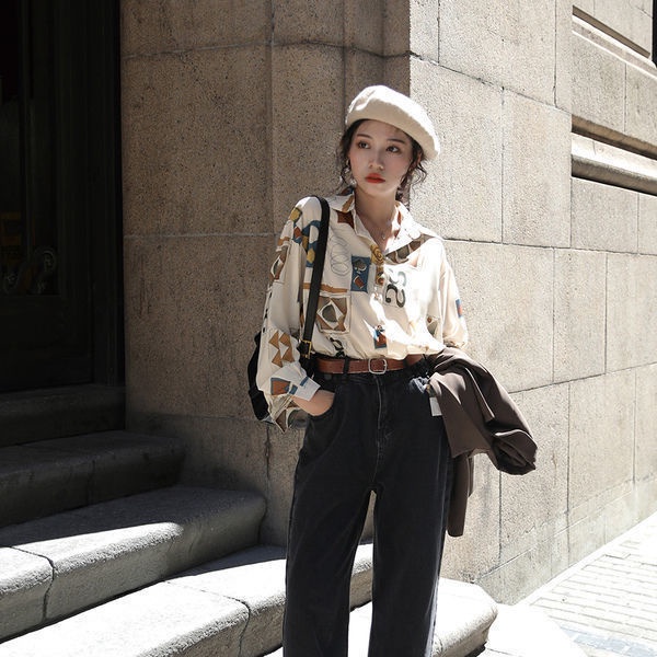 Áo sơ mi tay dài in họa tiết hình học retro thời trang công sở thời trang cho nữ