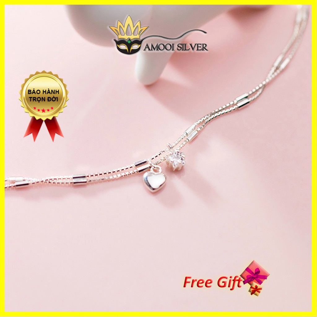 Lắc tay bạc S925 dây đôi trái tim ngôi sao - Amooi Silver AT43