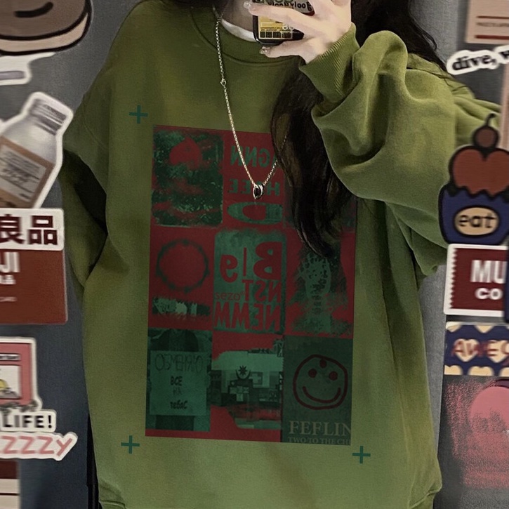 ZHELIHANGFEI Áo Thun Tay Dài Cổ Tròn Form Rộng Họa Tiết In Theo Phong Cách Retro