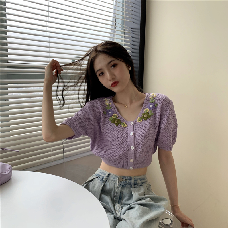 Áo lửng SUXI dệt kim tay ngắn cổ chữ V thời trang mùa hè dành cho nữ