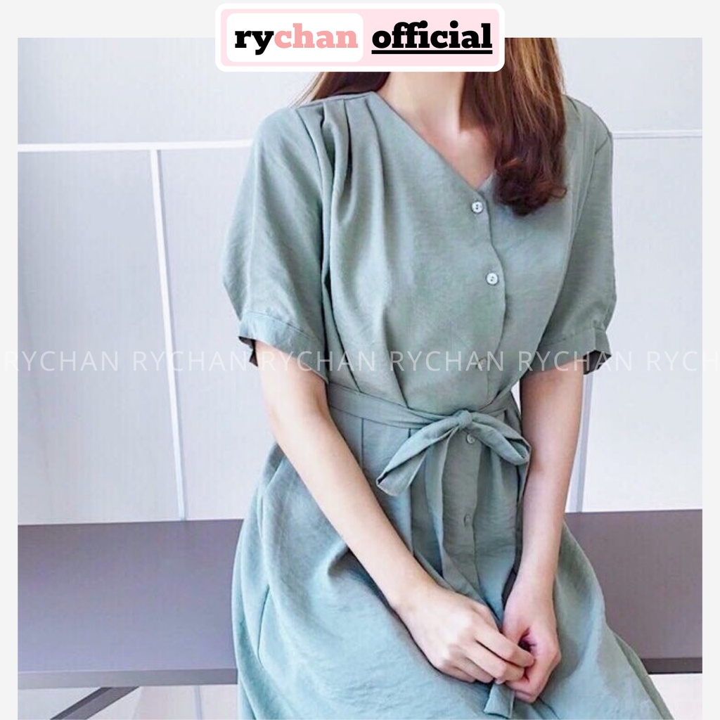 Đầm Nữ Công Sở Form Suông Cột Eo Tay Ngắn Cổ V Thanh Lịch Nhẹ Nhàng Dạo Phố Đi Cafe Màu Mint - DX9710