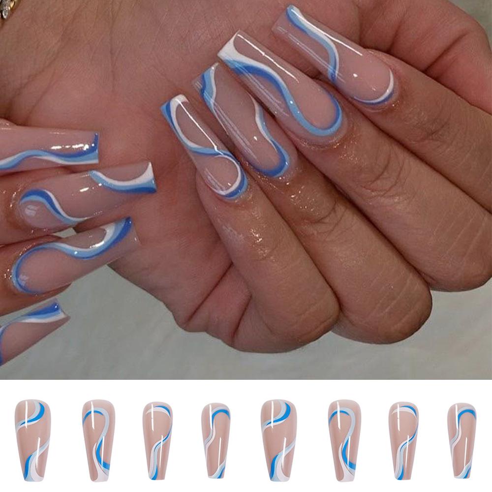 Hộp 24 Móng Tay Giả Múa Ba Lê Che Phủ Toàn Diện Màu Xanh Dương