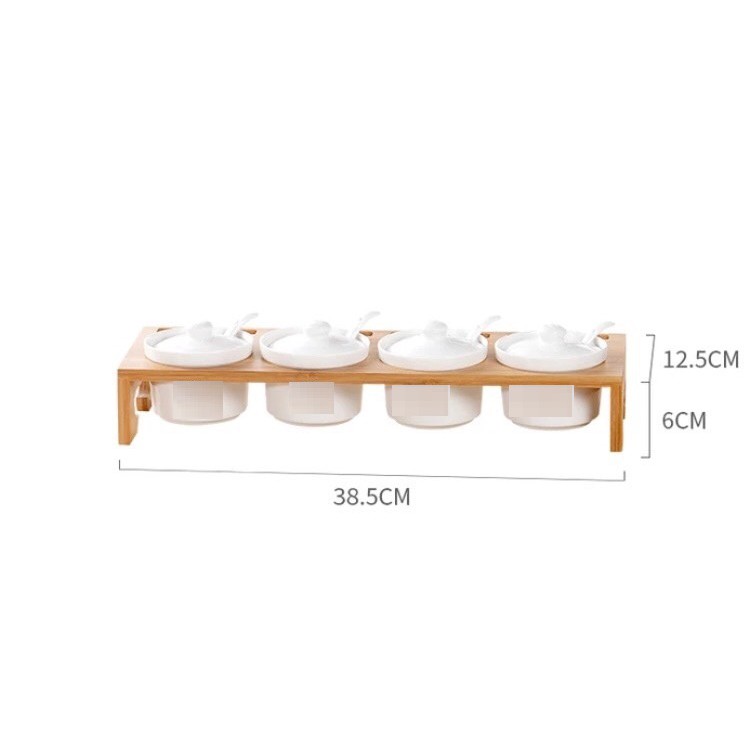 Bộ 4 hũ gia vị bằng sứ kèm giá trúc gọn gàng, dụng cụ nhà bếp: 9.5 và 9.30