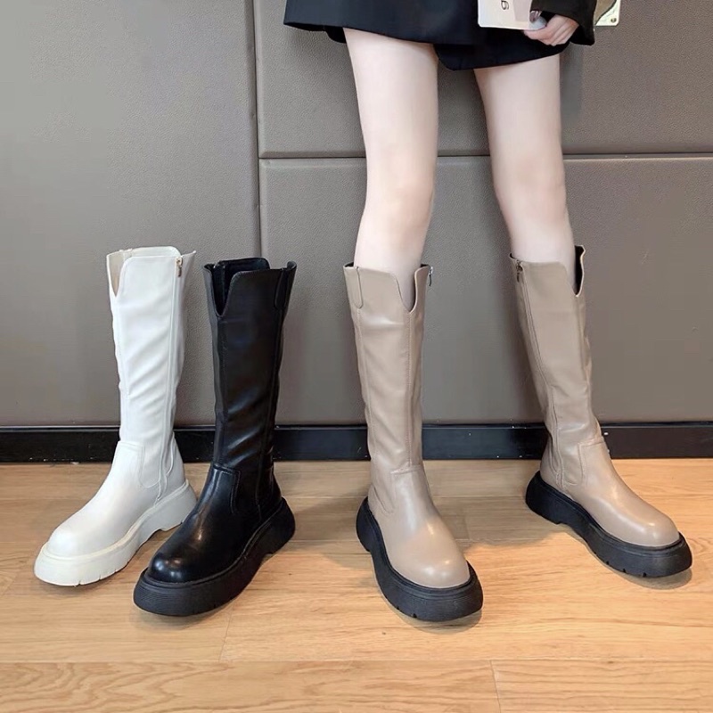 Boots ulzzang lửng cổ cao da trơn đế bánh mì cao 4cm
