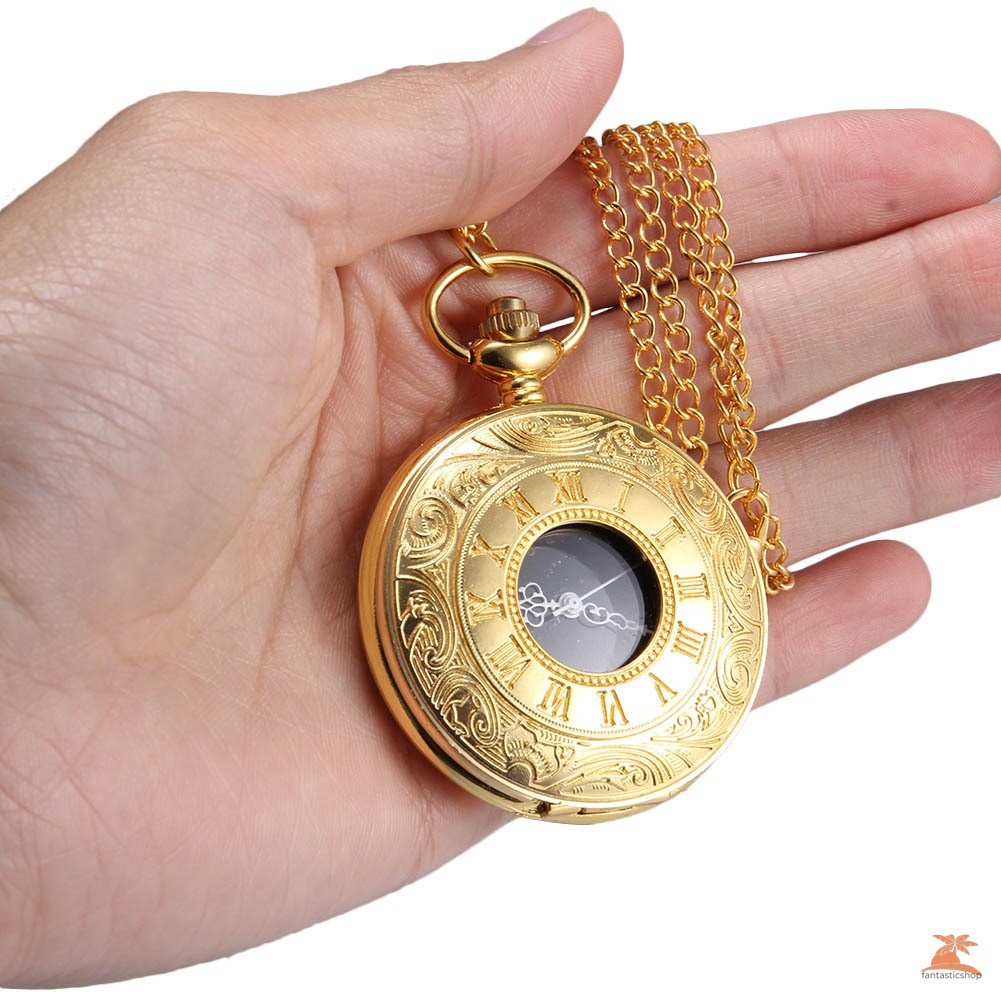 #Đồng hồ bỏ túi# Men Women Quartz Pocket Watch Golden Rome Number Carved Case with Chain