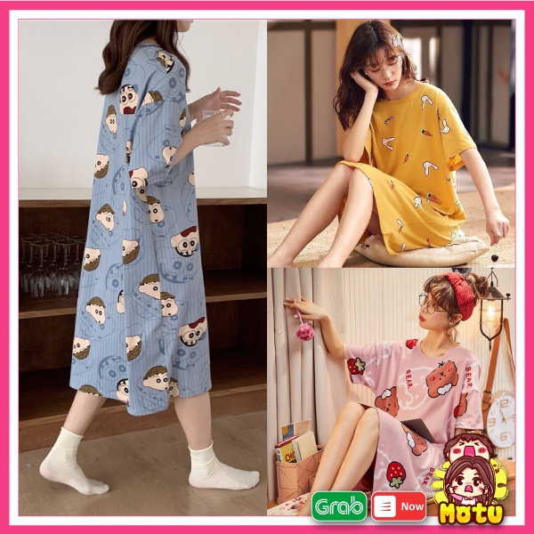 Váy ngủ cộc tay | Đầm ngủ dáng suông chất cotton mềm mát họa tiết hoạt hình cute hoạt hình