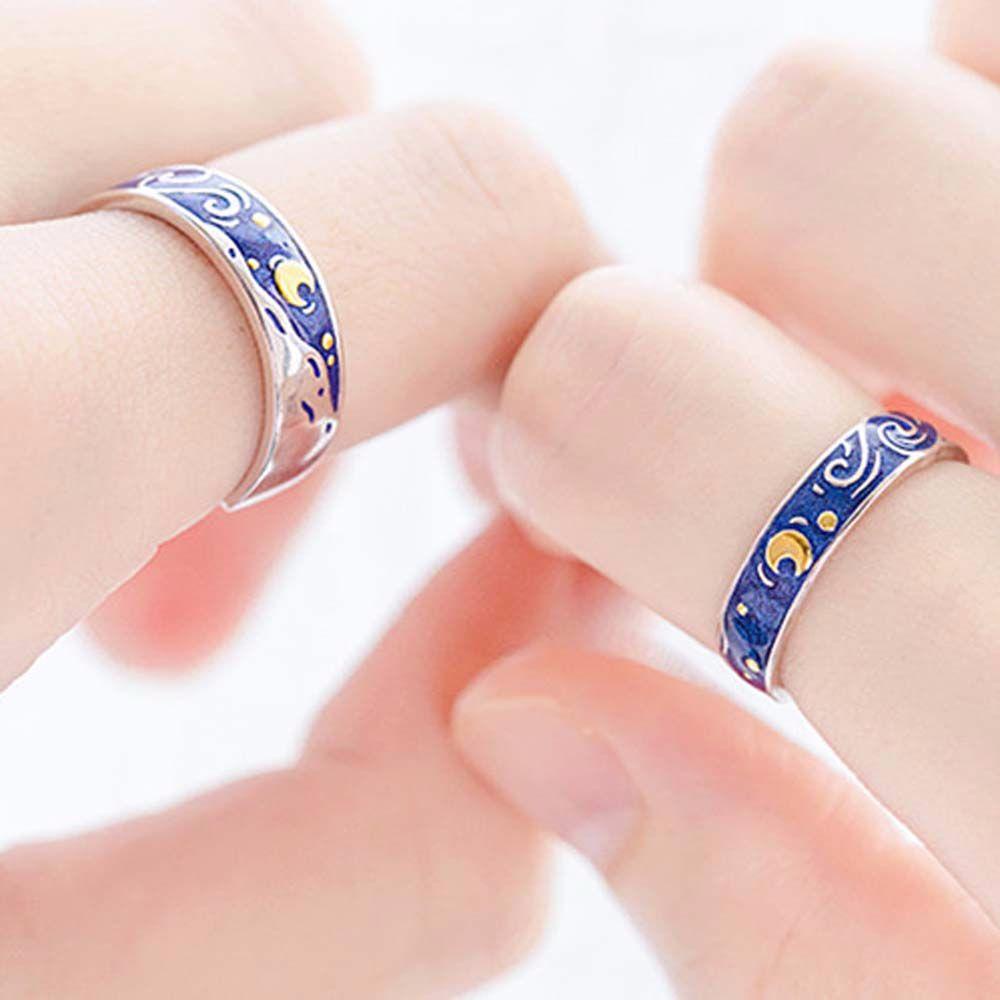 Nhẫn Cặp Họa Tiết Bầu Trời Đầy Sao Van Gogh Lãng Mạn|Trang Sức Thời Trang Nhiều Màu Sắc