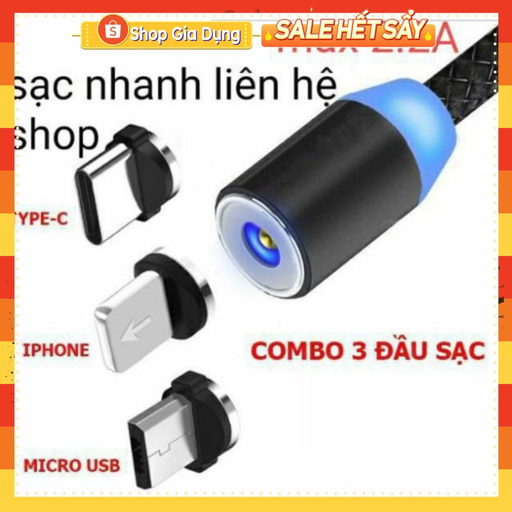 Cáp sạc từ hút nam châm đầu micro usb, type C và iPhone 360 độ dây dù có led