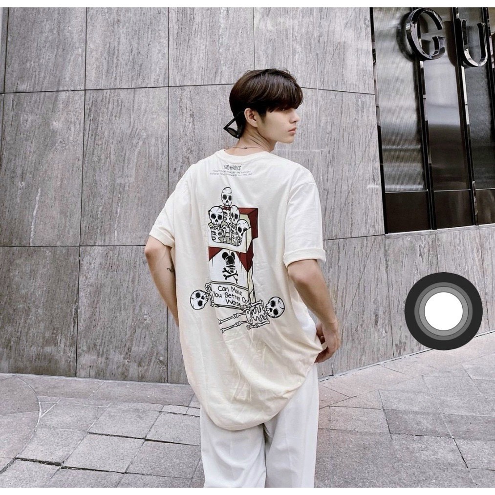 Áo thun Xương TOBACCO Unisex Nam Nữ Form Rộng Tay Lở Màu Kem