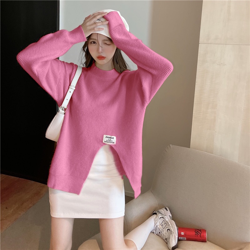 Áo sweater ZHELIHANGFEI tay dài dáng rộng xẻ tà phong cách sang trọng