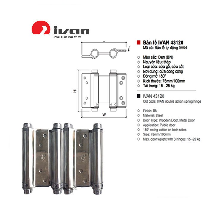 Bản lề cửa 2 chiều inox Ivan 1 bộ (2 cái) Loại A