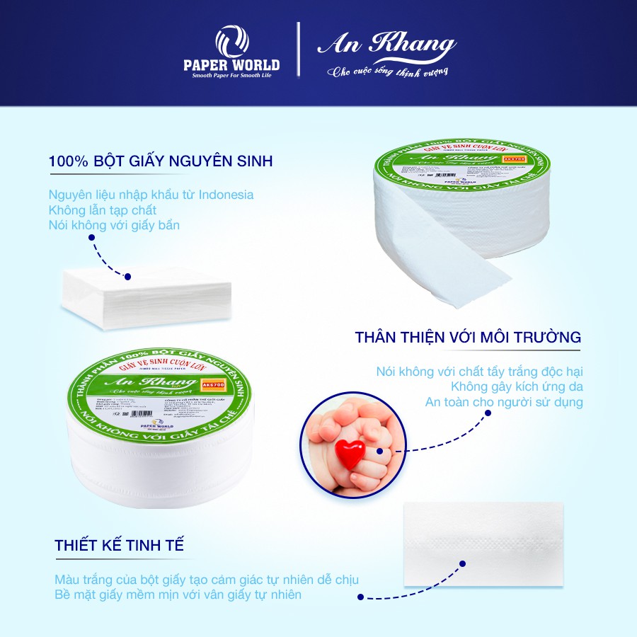 Giấy vệ sinh cuộn lớn AN KHANG SOFT AKS700, 100% bột giấy nguyên sinh, dùng trong nhà vệ sinh, hai lớp 700gr - 10 cuộn