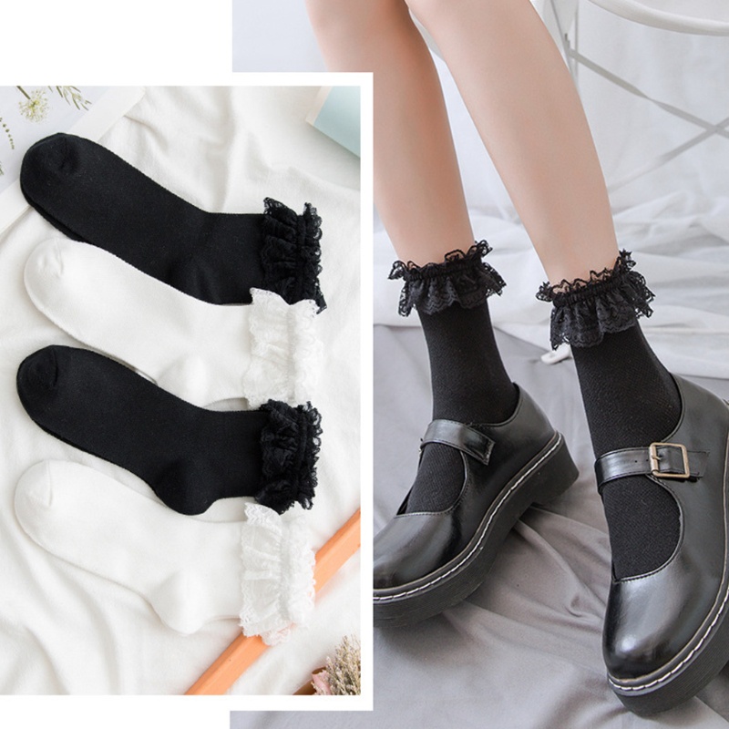Inn Vớ Cotton Lưới Nhún Bèo Phối Ren Rỗng Kiểu Lolita Nhật Bản Ngọt Ngào