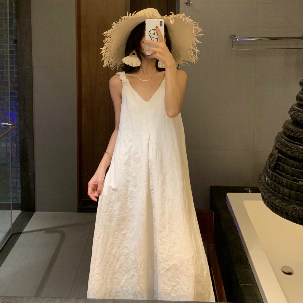 Đầm cotton lanh màu trắng thời trang đi biển xinh xắn | BigBuy360 - bigbuy360.vn
