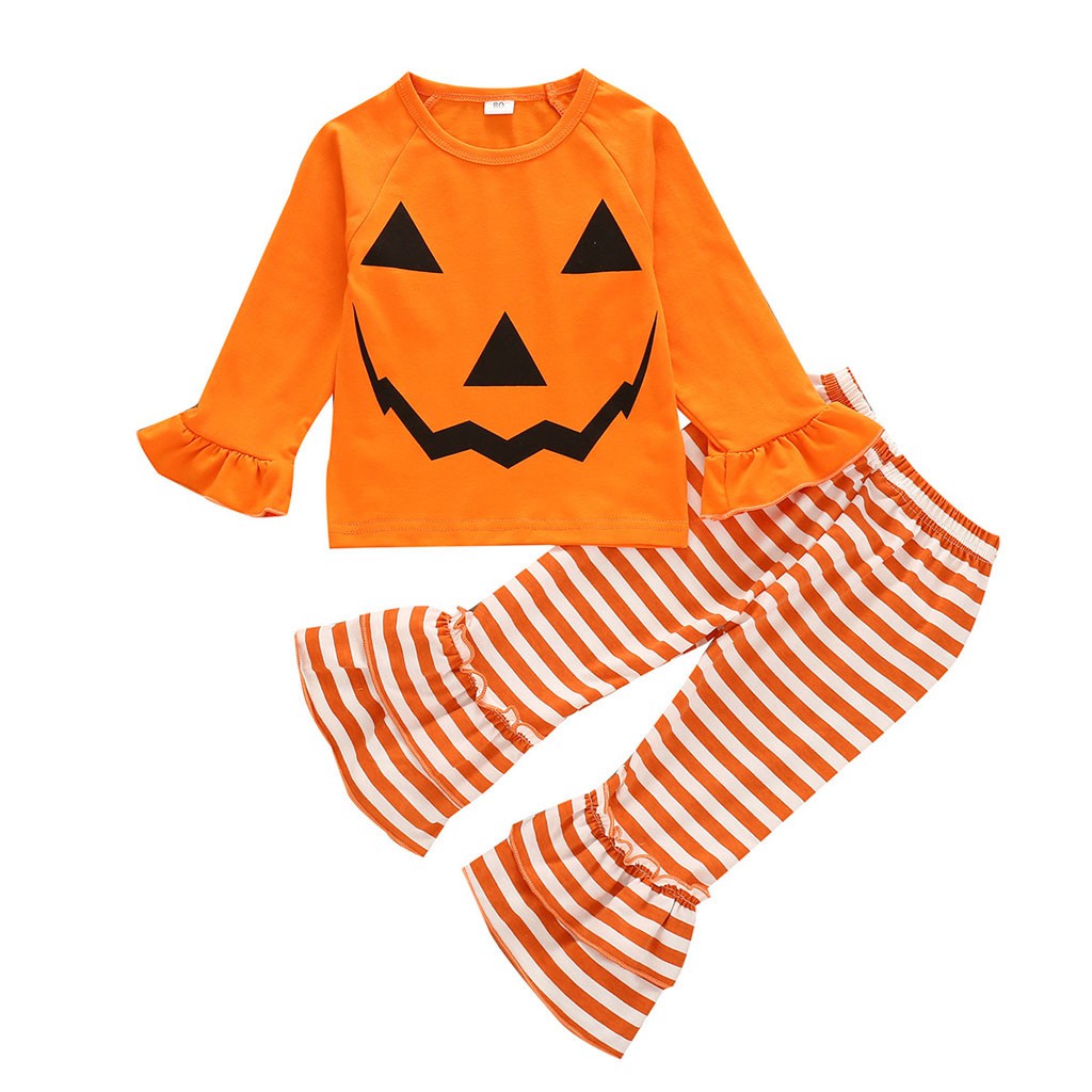 Set Áo Tay Dài Hoạ Tiết Kẻ Sọc + Quần Dài Phong Cách Halloween Cho Bé