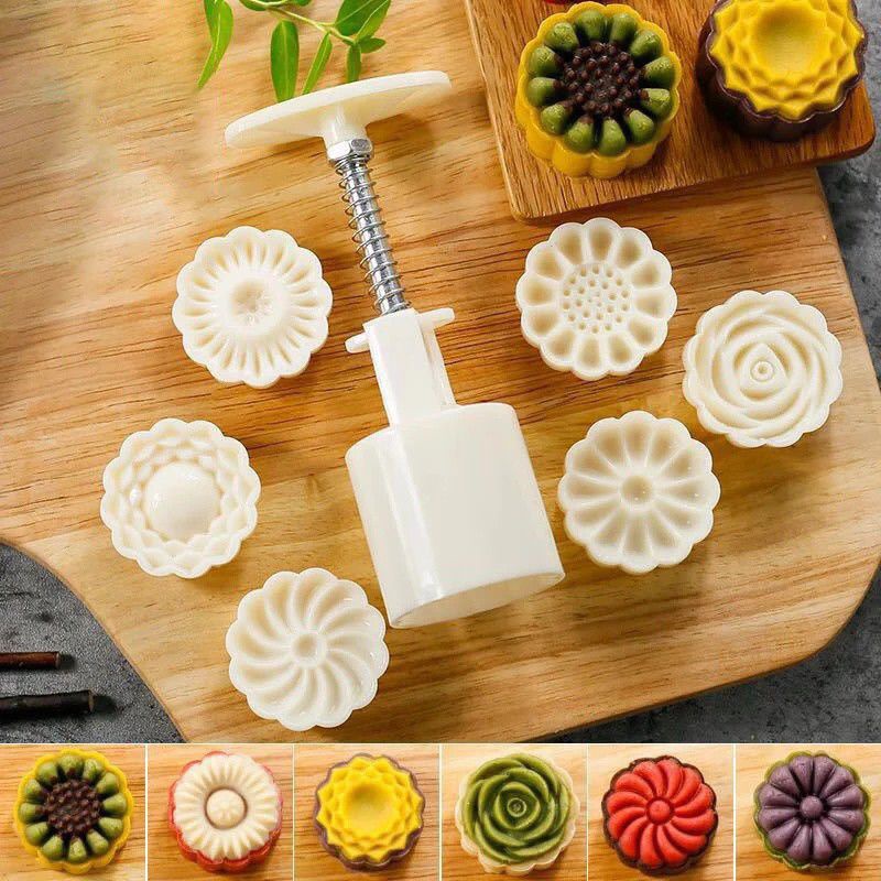 Khuôn lò xo trung thu 6 mặt hoa sắc nét 50g gồm 1 khuôn nhấn lò xo + 6 mặt hoa khác nhau