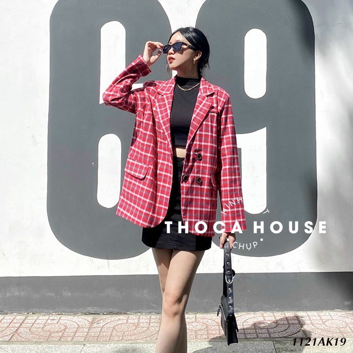 Áo khoác vest - blazer 2 lớp túi nấp caro đỏ THOCA HOUSE thời thượng, cá tính công sở